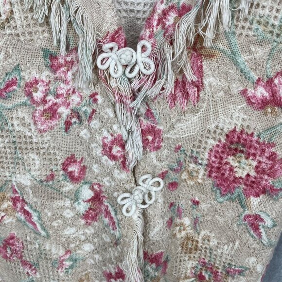 Womens Shawl Collar Floral Knit Jacket Size L Cottage Neutral Fringe Country - Picture 4 of 14